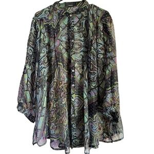 Andrea Black Multi Color Paisley Sheer Button Down Blouse Top Size 48 Floral